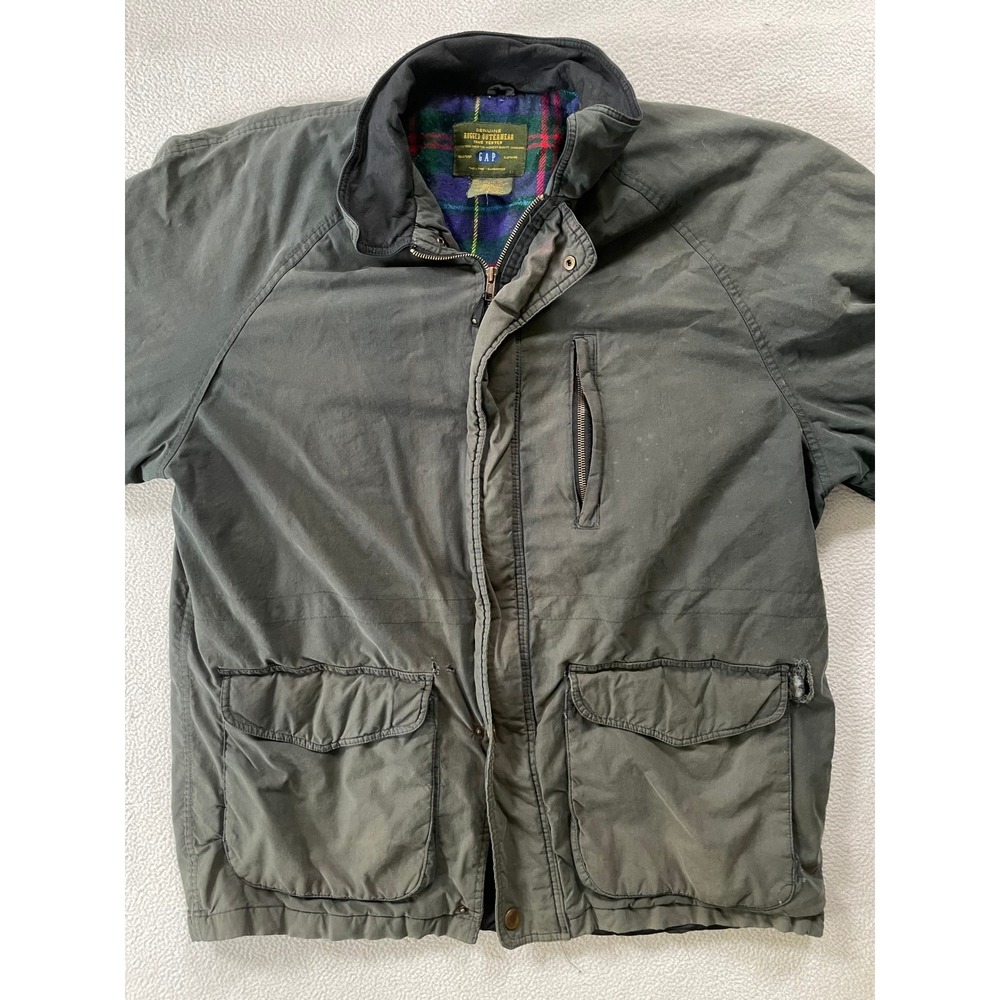 Distressed Gap Mens Large Rugged Outerwear Jacket Green Plaid Lined Canvas Coat